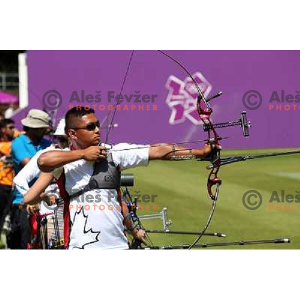 action during practice session in archery at Lord\'s Cricket ground during London 2012 Summer Olympic games, Great Britain on July 25, 2012 