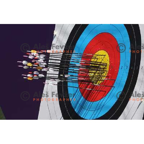 action during practice session in archery at Lord\'s Cricket ground during London 2012 Summer Olympic games, Great Britain on July 25, 2012 