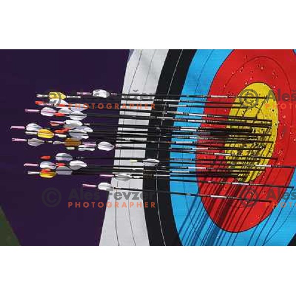 action during practice session in archery at Lord\'s Cricket ground during London 2012 Summer Olympic games, Great Britain on July 25, 2012 