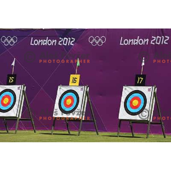 action during practice session in archery at Lord\'s Cricket ground during London 2012 Summer Olympic games, Great Britain on July 25, 2012 