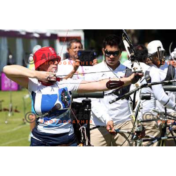 action during practice session in archery at Lord\'s Cricket ground during London 2012 Summer Olympic games, Great Britain on July 25, 2012 