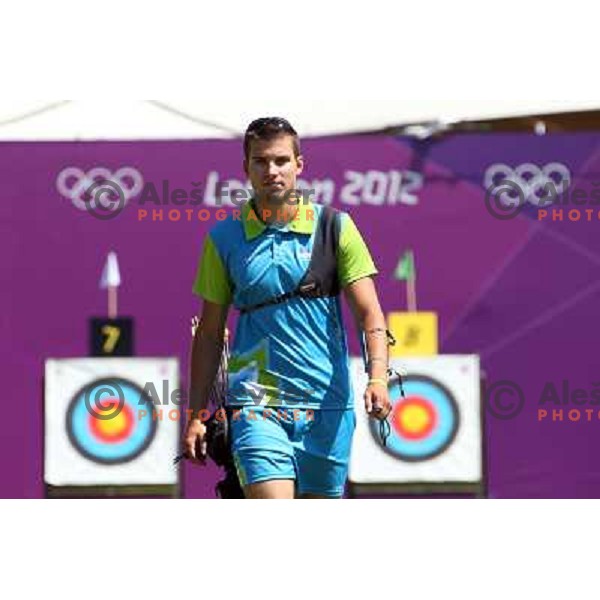 Klemen Strajhar of Slovenia in action during practice session in archery at Lord\'s Cricket ground during London 2012 Summer Olympic games, Great Britain on July 25, 2012 