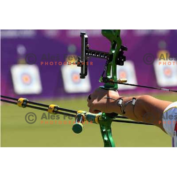 action during practice session in archery at Lord\'s Cricket ground during London 2012 Summer Olympic games, Great Britain on July 25, 2012 
