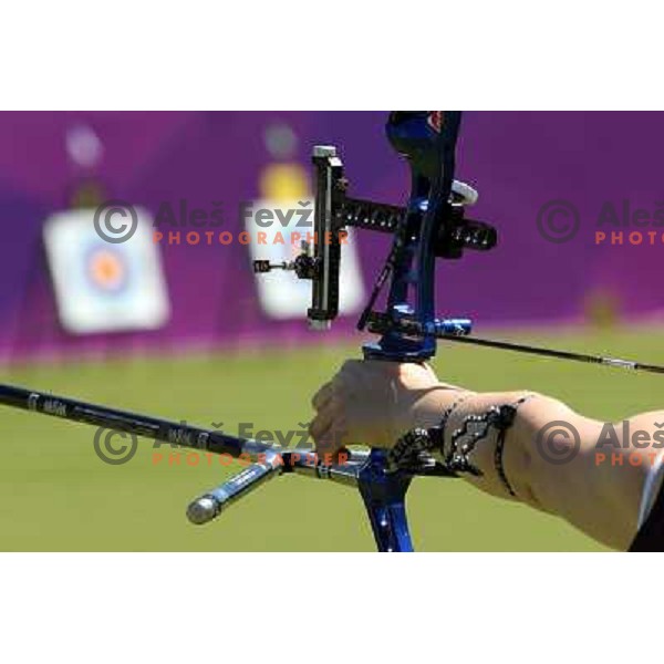 action during practice session in archery at Lord\'s Cricket ground during London 2012 Summer Olympic games, Great Britain on July 25, 2012 