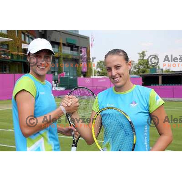 Katarina Srebotnik and Andreja Klepac of Slovenia in action during practice session at All England Lawn Tennis and Croquet Club in Wimbledon, London 2012 Summer Olympic games, Great Britain on July 25, 2012 