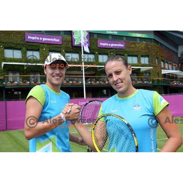 Katarina Srebotnik and Andreja Klepac of Slovenia in action during practice session at All England Lawn Tennis and Croquet Club in Wimbledon, London 2012 Summer Olympic games, Great Britain on July 25, 2012 
