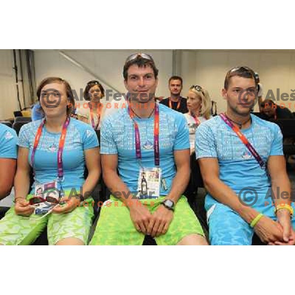 Luka Bozic, Eva Tercelj, Peter Kauzer, Saso Taljat of Slovenia kayak&canoe team at press conference of Slovenia Olympic team in Olympic Village during London 2012 Summer Olympic games, Great Britain on July 25, 2012 