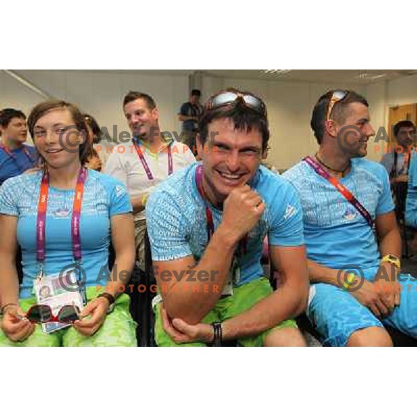 Eva Tercelj, Peter Kauzer, Saso Taljat of Slovenia kayak&canoe team at press conference of Slovenia Olympic team in Olympic Village during London 2012 Summer Olympic games, Great Britain on July 25, 2012 