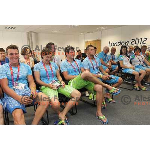 Luka Bozic, Eva Tercelj, Peter Kauzer, Saso Taljat of Slovenia kayak&canoe team at press conference of Slovenia Olympic team in Olympic Village during London 2012 Summer Olympic games, Great Britain on July 25, 2012 
