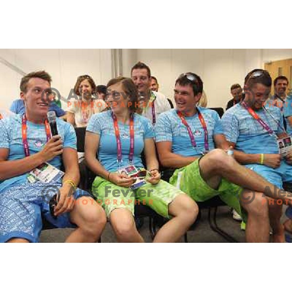 Luka Bozic, Eva Tercelj, Peter Kauzer, Saso Taljat of Slovenia kayak&canoe team at press conference of Slovenia Olympic team in Olympic Village during London 2012 Summer Olympic games, Great Britain on July 25, 2012 