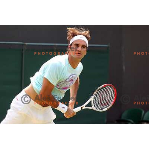 Roger Federer of Switzerland in action during practice session at All England Lawn Tennis and Croquet Club in Wimbledon, London 2012 Summer Olympic games, Great Britain on July 25, 2012 