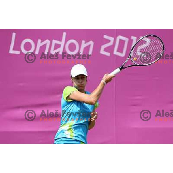 Katarina Srebotnik of Slovenia in action during practice session at All England Lawn Tennis and Croquet Club in Wimbledon, London 2012 Summer Olympic games, Great Britain on July 25, 2012 