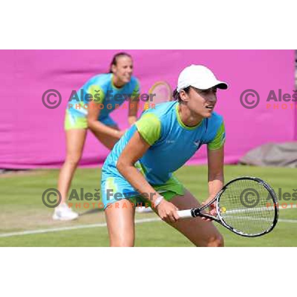 Katarina Srebotnik of Slovenia in action during practice session at All England Lawn Tennis and Croquet Club in Wimbledon, London 2012 Summer Olympic games, Great Britain on July 25, 2012 