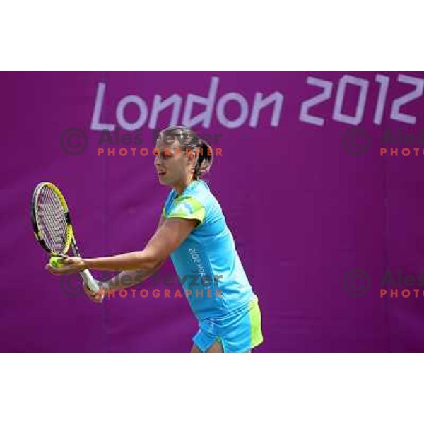 Andreja Klepac of Slovenia in action during practice session at All England Lawn Tennis and Croquet Club in Wimbledon, London 2012 Summer Olympic games, Great Britain on July 25, 2012 