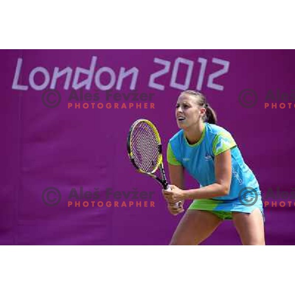 Andreja Klepac of Slovenia in action during practice session at All England Lawn Tennis and Croquet Club in Wimbledon, London 2012 Summer Olympic games, Great Britain on July 25, 2012 