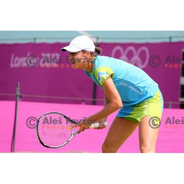 Katarina Srebotnik of Slovenia in action during practice session at All England Lawn Tennis and Croquet Club in Wimbledon, London 2012 Summer Olympic games, Great Britain on July 25, 2012 