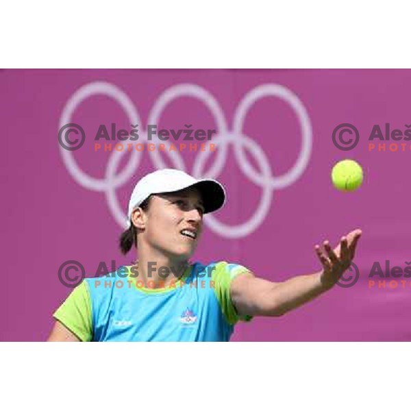 Katarina Srebotnik of Slovenia in action during practice session at All England Lawn Tennis and Croquet Club in Wimbledon, London 2012 Summer Olympic games, Great Britain on July 25, 2012 