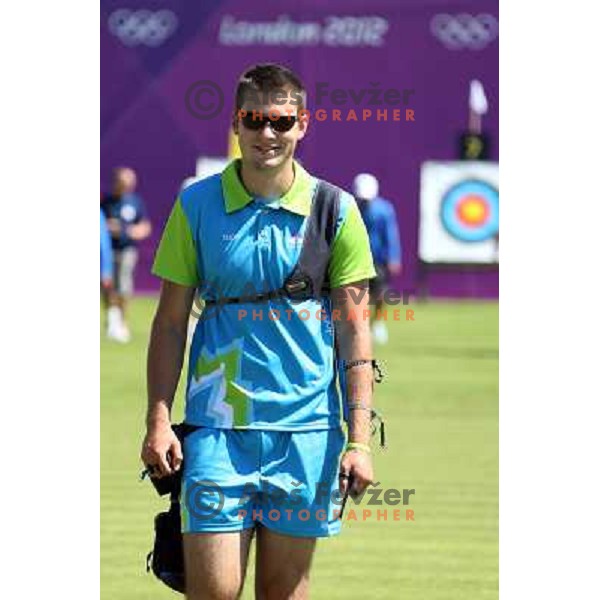 Klemen Strajhar of Slovenia in action during practice session in archery at Lord\'s Cricket ground during London 2012 Summer Olympic games, Great Britain on July 25, 2012 