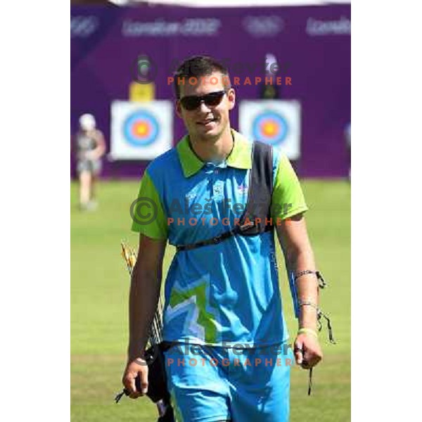 Klemen Strajhar of Slovenia in action during practice session in archery at Lord\'s Cricket ground during London 2012 Summer Olympic games, Great Britain on July 25, 2012 