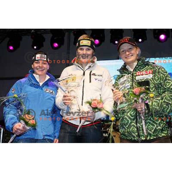 Gius, Hosp and Poutiainen (left to right) with winning trophies at 43.Golden Fox Trophy- FIS World Cup Giant slalom Women in Kranjska Gora, Slovenia on 06.01.2007 photo by Ales Fevzer