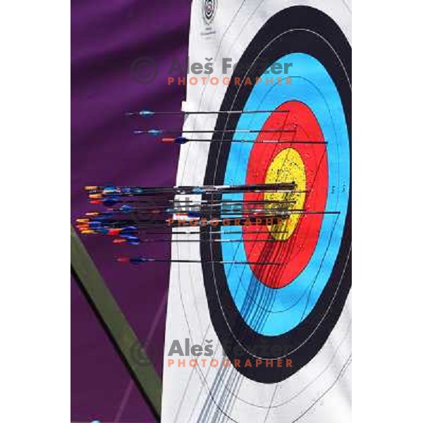 action during practice session in archery at Lord\'s Cricket ground during London 2012 Summer Olympic games, Great Britain on July 25, 2012 