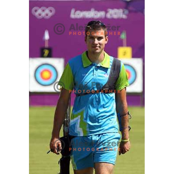 Klemen Strajhar of Slovenia in action during practice session in archery at Lord\'s Cricket ground during London 2012 Summer Olympic games, Great Britain on July 25, 2012 