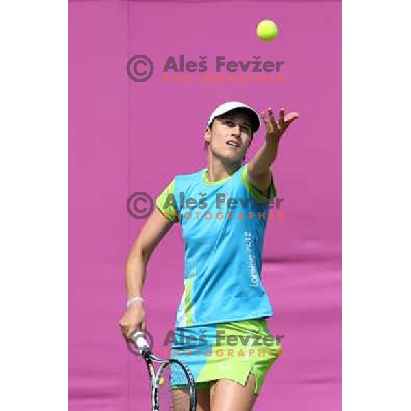 Katarina Srebotnik of Slovenia in action during practice session at All England Lawn Tennis and Croquet Club in Wimbledon, London 2012 Summer Olympic games, Great Britain on July 25, 2012 