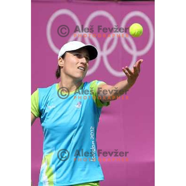 Katarina Srebotnik of Slovenia in action during practice session at All England Lawn Tennis and Croquet Club in Wimbledon, London 2012 Summer Olympic games, Great Britain on July 25, 2012 