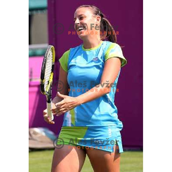 Andreja Klepac of Slovenia in action during practice session at All England Lawn Tennis and Croquet Club in Wimbledon, London 2012 Summer Olympic games, Great Britain on July 25, 2012 