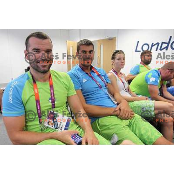 Swimmers Peter Mankoc and Damir Dugonjic of Slovenia at press conference of Slovenia Olympic team in Olympic Village during London 2012 Summer Olympic games, Great Britain on July 26, 2012 