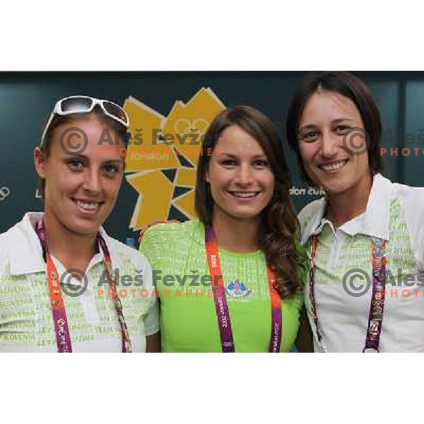 Andreja Klepac, Sara Isakovic,Katarina Srebotnik of Slovenia at press conference of Slovenia Olympic team in Olympic Village during London 2012 Summer Olympic games, Great Britain on July 26, 2012 