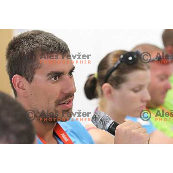 Swimmer Damir Dugonjic of Slovenia at press conference of Slovenia Olympic team in Olympic Village during London 2012 Summer Olympic games, Great Britain on July 26, 2012 