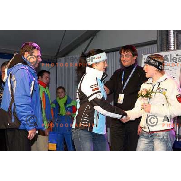 Kathrin Hoelzl congratulates Michaela Fischbacher at draw of starting numbers for 43.Golden Fox Trophy- FIS World Cup slalom Women in Kranjska Gora, Slovenia on 07.01.2007 photo by Ales Fevzer