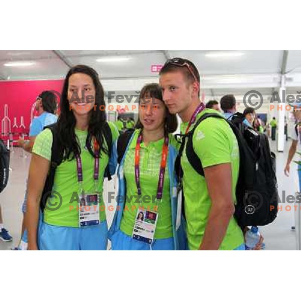 Ursa Bezan, Tjasa Vozel, Robert Zbogar of Slovenia in the Olympic Village during London 2012 Summer Olympic games, Great Britain on July 26, 2012 