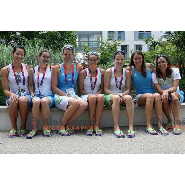 Swimmers Bezan, Govejsek, Oder, Sagmeister, Smid, Isakovic, Carman of Slovenia in the Olympic Village during London 2012 Summer Olympic games, Great Britain on July 26, 2012 
