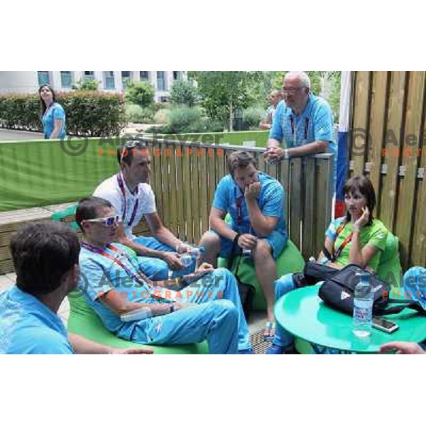 Jani Brajkovic,Matic Svab, Filip Tisma, Rudi Cajevec,Polona Batagelj of Slovenia in the Olympic Village during London 2012 Summer Olympic games, Great Britain on July 26, 2012 