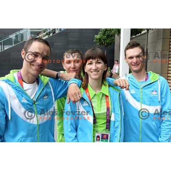 Borut Bozic, Jani Brajkovic, Polona Batagelj and Grega Bole of Slovenia cycling team during London 2012 Summer Olympic Games, Great Britain on July 27, 2012 