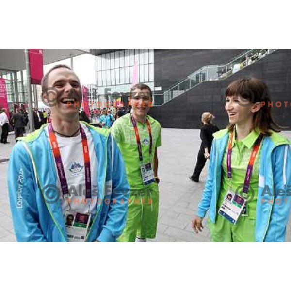 Borut Bozic, Jani Brajkovic and Polona Batagelj of Slovenia cycling team during London 2012 Summer Olympic Games, Great Britain on July 27, 2012 