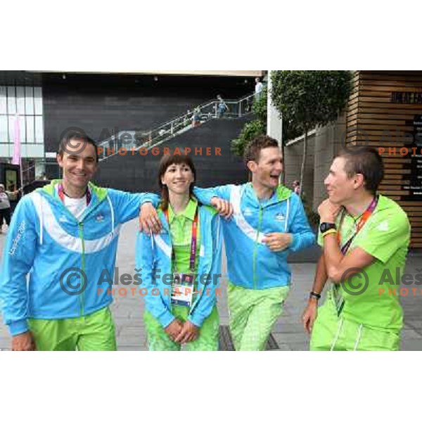 Borut Bozic, Polona Batagelj, Gregor Bole, Jani Brajkovic of Slovenia cycling team during London 2012 Summer Olympic Games, Great Britain on July 27, 2012 