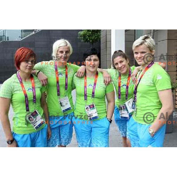 Vesna Djukic, Ana Velensek, Lucija Polavder, Rasa Sraka Vukovic, Urska Zolnir of Slovenia judo team during London 2012 Summer Olympic Games, Great Britain on July 27, 2012 
