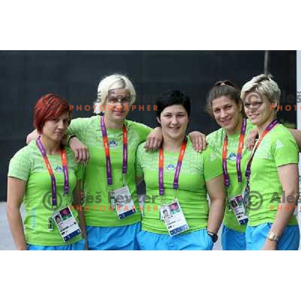 Vesna Djukic, Ana Velensek, Lucija Polavder, Rasa Sraka Vukovic, Urska Zolnir of Slovenia judo team during London 2012 Summer Olympic Games, Great Britain on July 27, 2012 
