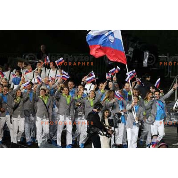 Flag bearer Peter Kauzer and Team Slovenia marching during Opening Ceremony of London 2012 Summer Olympic Games, Great Britain on July 27, 2012 