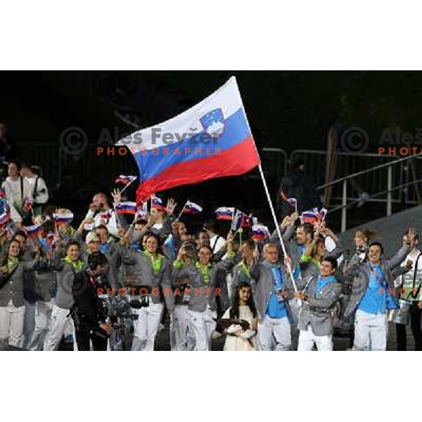 Flag bearer Peter Kauzer and Team Slovenia marching during Opening Ceremony of London 2012 Summer Olympic Games, Great Britain on July 27, 2012 