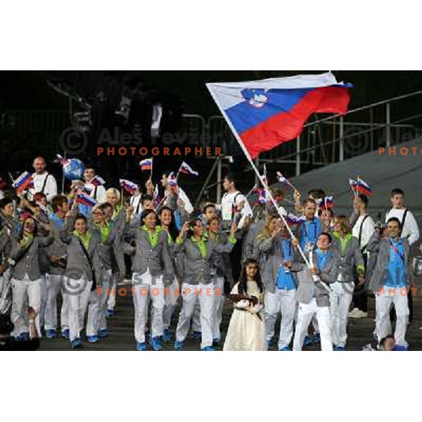 Flag bearer Peter Kauzer and Team Slovenia marching during Opening Ceremony of London 2012 Summer Olympic Games, Great Britain on July 27, 2012 