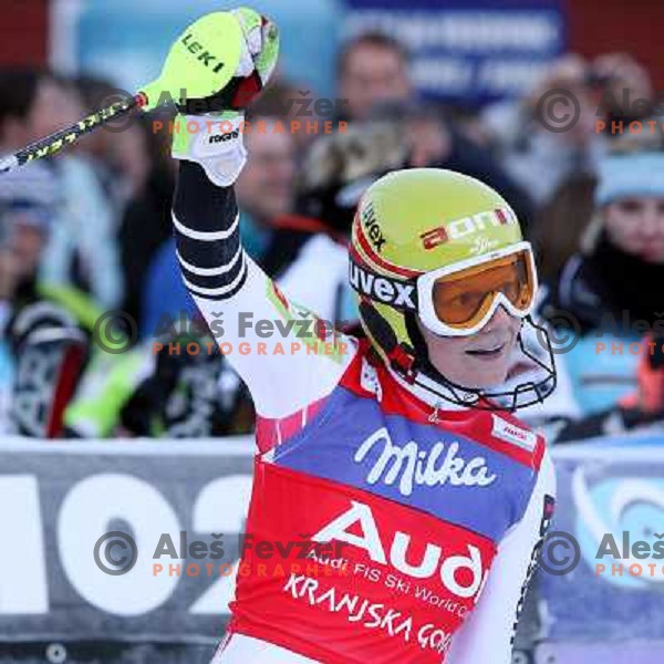 Marlies Schild celebrates slalom victory at 43.Golden Fox Trophy- FIS World Cup Women race in Kranjska Gora, Slovenia on 07.01.2007 photo by Ales Fevzer