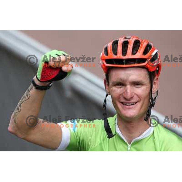 Grega Bole of Slovenia after crossing finish lane during men\'s Cycling road race at London 2012 Summer Olympic Games, Great Britain on July 28, 2012 