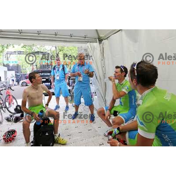 Jani Brajkovic, coach Milan Erzen, Grega Bole,Borut Bozic of Slovenia after the men\'s Cycling road race during London 2012 Summer Olympic Games, Great Britain on July 28, 2012 