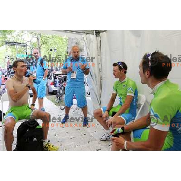 Jani Brajkovic, coach Milan Erzen, Grega Bole,Borut Bozic of Slovenia after the men\'s Cycling road race during London 2012 Summer Olympic Games, Great Britain on July 28, 2012 