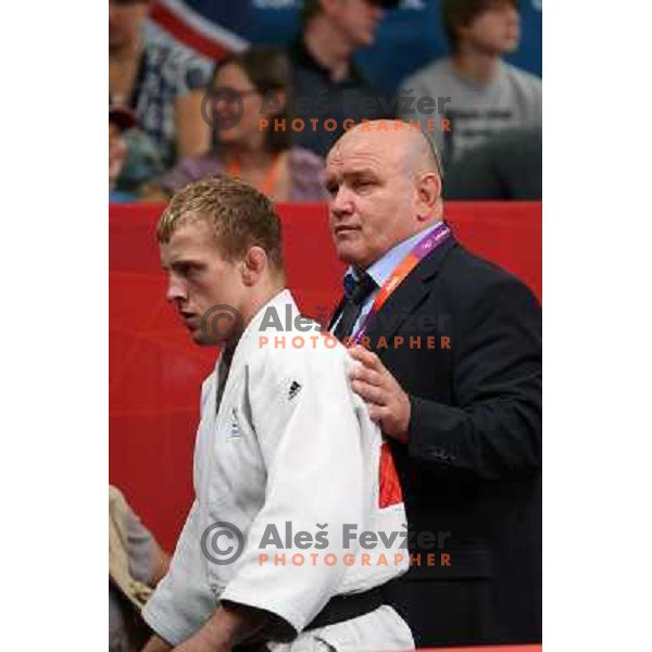 Rok Draksic of Slovenia and coach Miran Fabjan during men\'s judo -66 kg tournament at London 2012 Summer Olympic games, Great Britain on July 29, 2012 