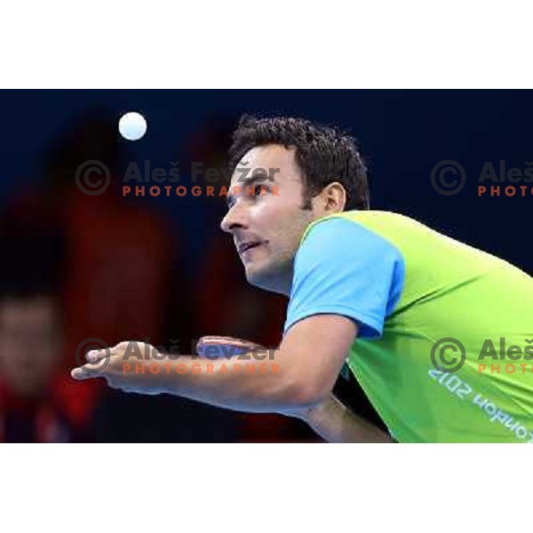 Bojan Tokic of Slovenia in action in second round of table tennis tournament in Excel at London 2012 Summer Olympic games on July 29, 2012 